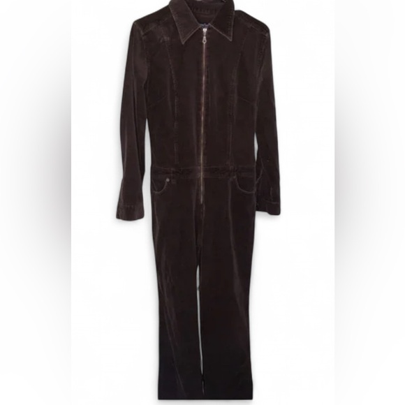 90's Y2K Chocolate Brown Corduroy Long Sleeve Zippered Jumpsuit. M. - Picture 9 of 11